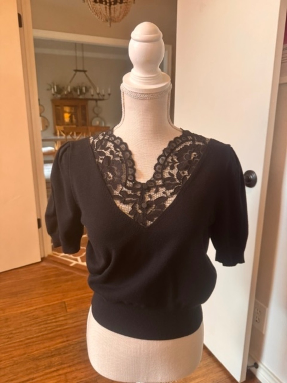 Entro Boutique Black Knot Top with Sheer Lace V-neck Yoke & Short Sleeve Size S